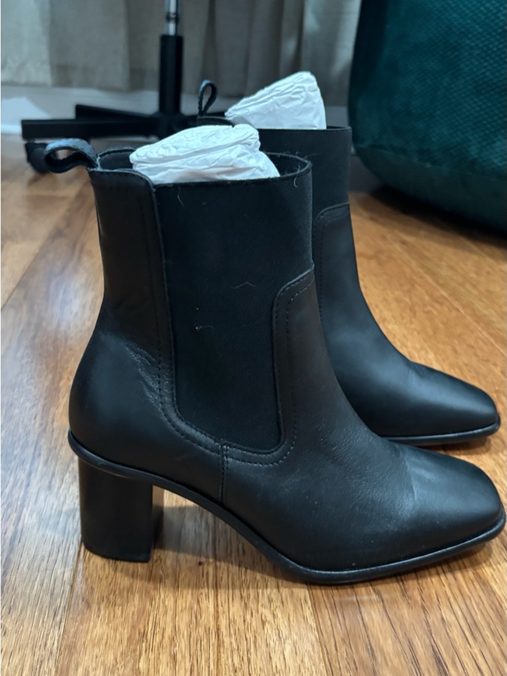 Patina Black Leather Block Heel Chelsea Boots